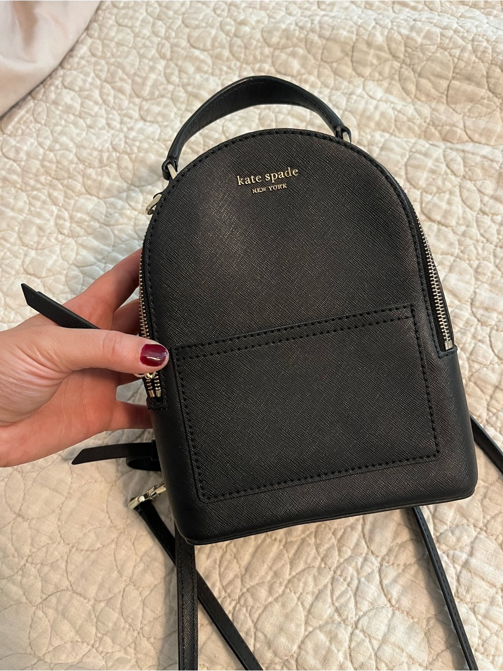 Kate Spade New York Cameron Mini Convertible Backpack in black Saffiano leather. - Picture 3 of 7